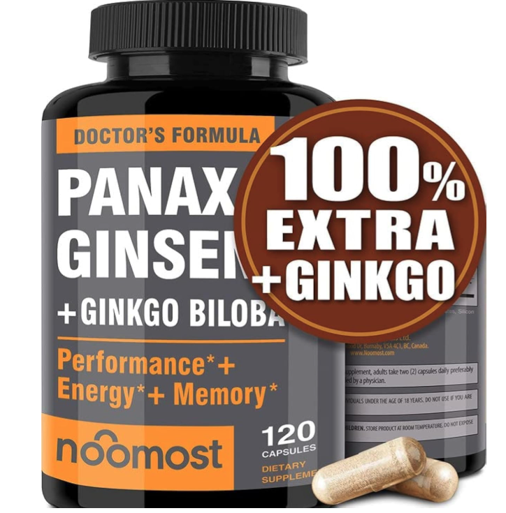NooMost Authentic Korean Red Panax Ginseng + Ginkgo Biloba, 120 Vegan Capsules, Ginseng Root Extract Powder 1000mg